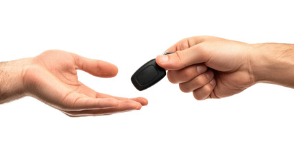 Handing over the car key. Hands isolated on white background, clipping path.