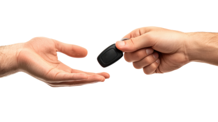 Handing over the car key. Hands isolated on white background, clipping path.