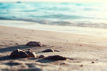 A close-up shot of textured rocks on a beach, near the ocean