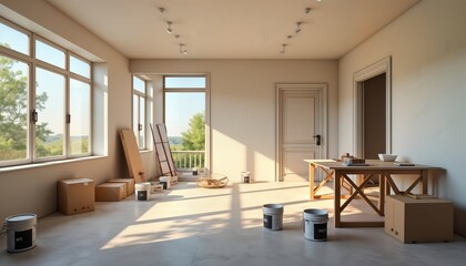 Fototapeta premium Empty room undergoing home refurbishment. Boxes, paint buckets scattered in space. Sunlight streams through large windows beautiful landscape. Renovation project in progress. Interior design