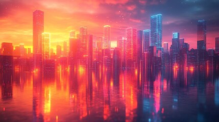 Neon Cityscape Reflected in Still Water at Sunset