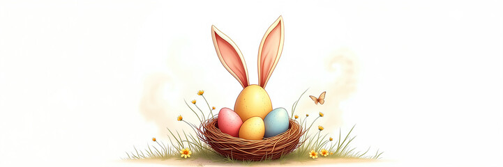 A whimsical Easter scene with a nest of colorful eggs and bunny ears, surrounded by butterflies and flowers, celebrating the holiday's joyful spirit.