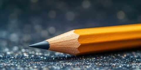 Close-up view of a sharpened yellow pencil resting on a dark glittery surface, highlighting the intricate details and textures of the pencil tip
