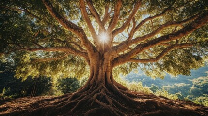 Majestic tree with roots embracing earth and branches reaching skyward, symbolizing balance between nature and spirituality
