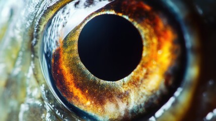 A close-up view of a fish's eye, perfect for illustrations or designs related to aquatic life