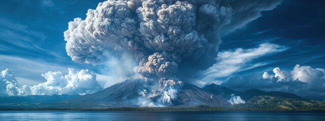 Volcanic eruption releases massive ash cloud over landscape showcasing the power of nature and the cycle of creation and destruction