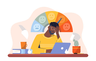 Level of work stress. Tired man with laptop near stress meter. Emoji and feelings. Bad mood, frustration and depression. Poor time management and planning. Flat vector illustration