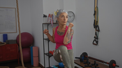 Mature woman exercising in gym wearing pink top and patterned leggings with grey hair and tattoos...