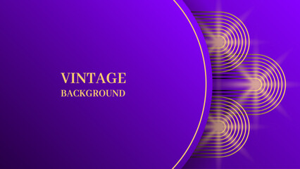 Purple gradient abstract background with gold wavy lines design. Vintage geometric pattern. Retro poster or web banner template. Blended lines and bright stars
