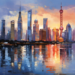 Obraz premium Stunning Twilight Panorama of Modern Cityscape with River Reflection, HD Image