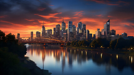Stunning Twilight Panorama of Modern Cityscape with River Reflection, HD Image