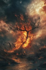 Wildfires engulf barren landscape representing destruction, renewal, and the intricate cycle of growth during a dramatic twilight
