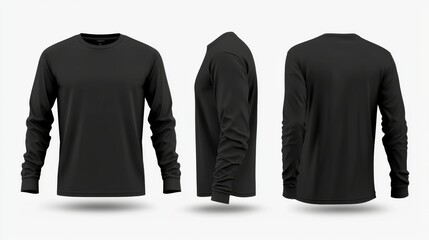 Long sleeve t-shirt for man front, side and back view. Vector realistic mockup of male black tee, sweater, sport or casual apparel with round neck isolated on transparent background