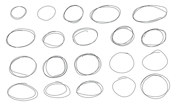 Hand drawn abstract scribble doodle with white background.Grunge circles set, hand drawn encircle round highlight elements.