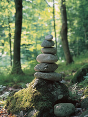 Serene stone cairn in mossy forest.