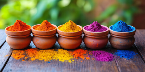 Fototapeta premium Pots filled with different coloured powders for the Holi festival of colours, India