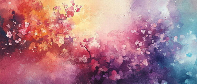 Watercolor artwork featuring vibrant cherry blossoms in full bloom against a dreamy background