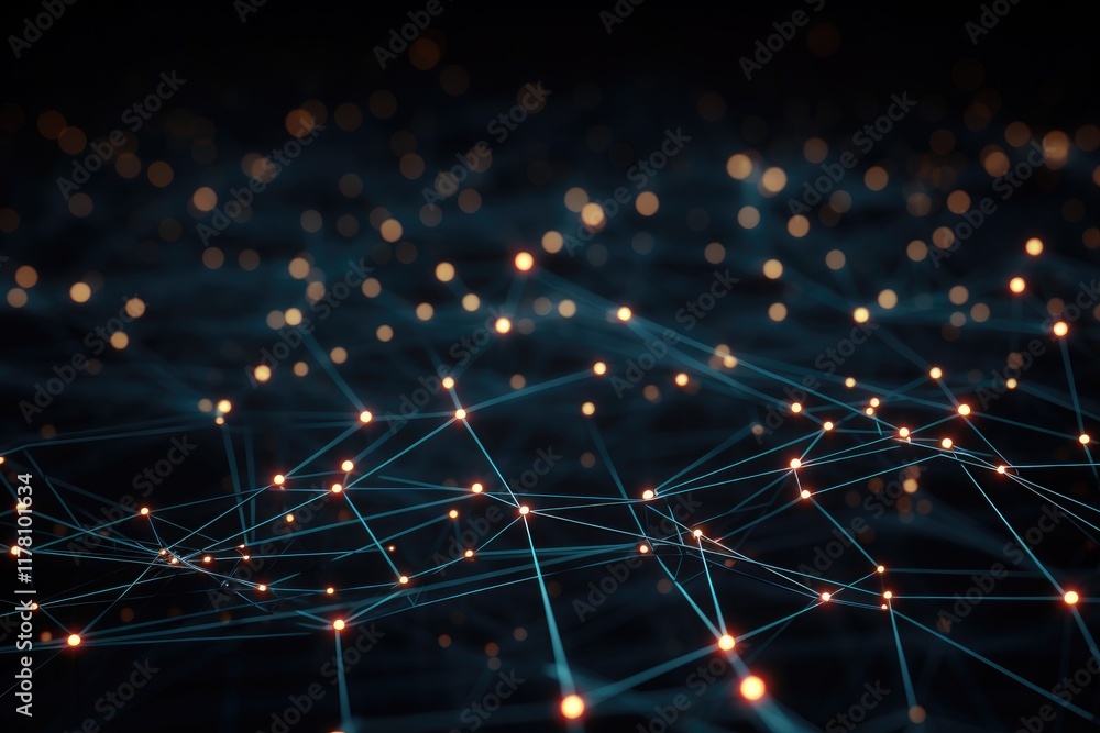 Poster intricate digital lines and dots create a vibrant network of connections and pathways in a dark spac