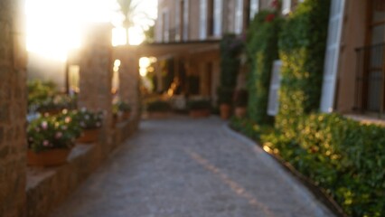 Mallorca street view during sunset with blurred background including stone buildings, plants, and flowers creating a serene, defocused, and outdoor environment.