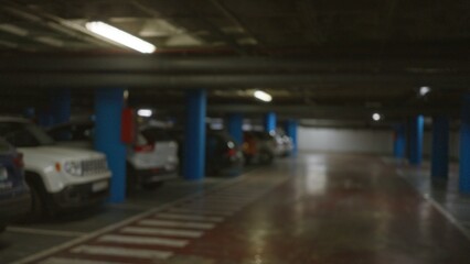 Fototapeta premium Blurred cars parked in an underground garage with blue pillars and defocused lighting