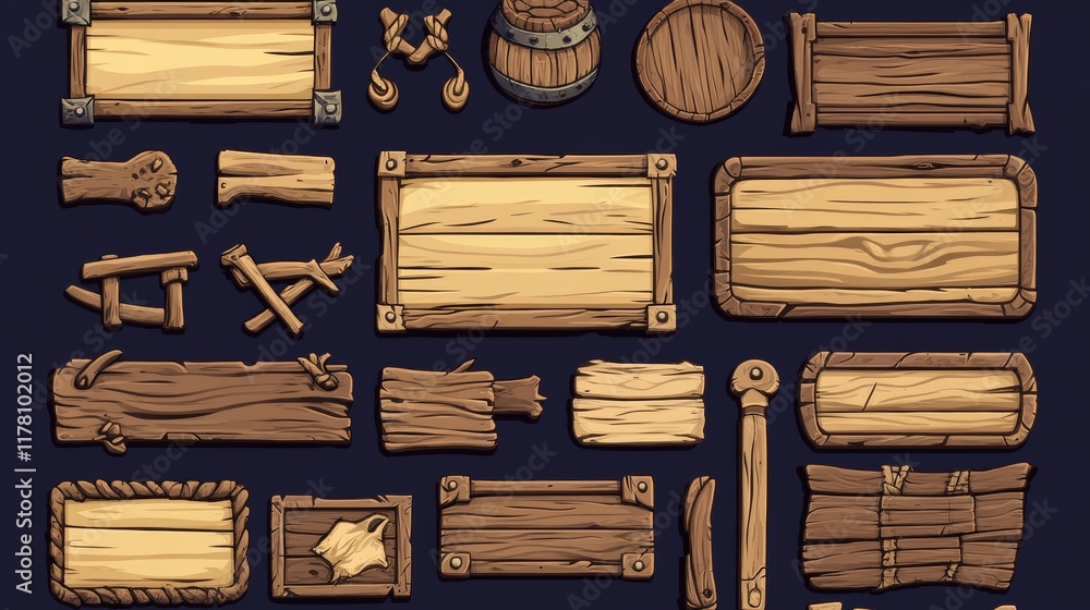 Poster wooden game ui design elements - buttons and boards for menu interface. cartoon vector illustration 