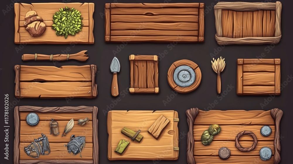 Poster wooden game ui design elements - buttons and boards for menu interface. cartoon vector illustration 