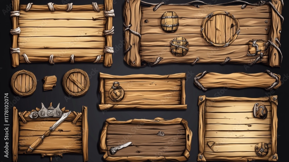 Poster wooden game ui design elements - buttons and boards for menu interface. cartoon vector illustration 