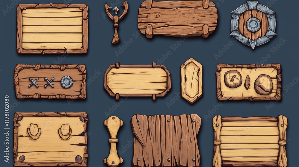 Poster wooden game ui design elements - buttons and boards for menu interface. cartoon vector illustration 