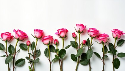 Fototapeta premium Pink roses arranged on white background. Beautiful flower arrangement. Fresh flowers, leaves. Ideal for romantic gifts. Perfect for wedding anniversary. Elegant, festive composition. High quality