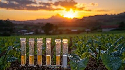 Soil analysis in tobacco field at sunset, rural landscape.
