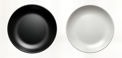 Two empty round plates black, white on transparent background. Modern crockery design mockup. Simple ceramic plates for food presentation. Suitable for restaurant menus homeware marketing. Clean,