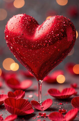 Obraz premium Red heart on a red background with rose petals. Valentine's Day card. Background with a large red heart.