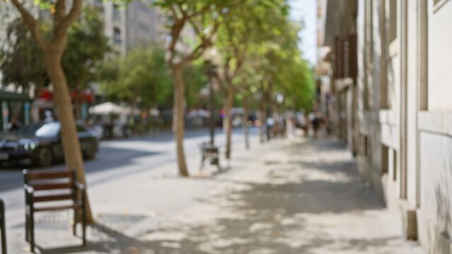 Outdoor scene with blurred trees and buildings along a sunny sidewalk in a city street with shadows