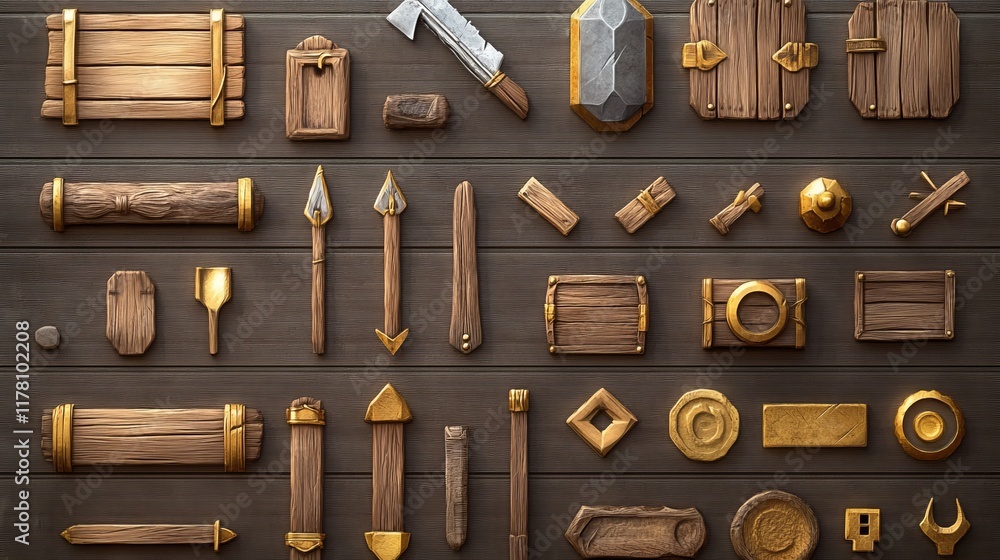 Poster game buttons of wooden and gold texture, cartoon menu interface elements, wood boards with golden sh