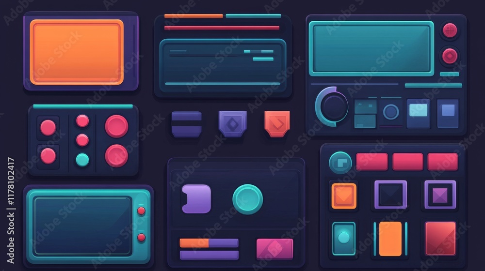 Poster set of game frames, bars and menu buttons cartoon interface elements. empty borders with banners, ui
