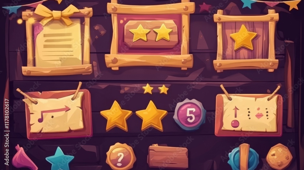Poster game ui interface boards with level score, win or lose bar, golden stars and buttons. vector cartoon