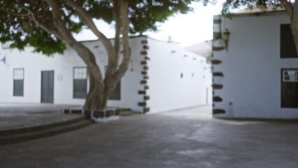 Blurred outdoor scene in lanzarote, spain, featuring bokeh effect of white buildings with black stones and trees in the canary islands