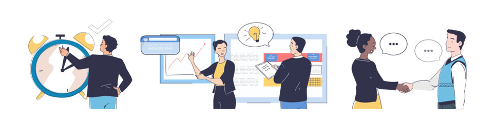 Soft skills set. Men and women work on projects together. Business networking and communication. Collaboration and cooperation. Linear vector collection isolated on white background