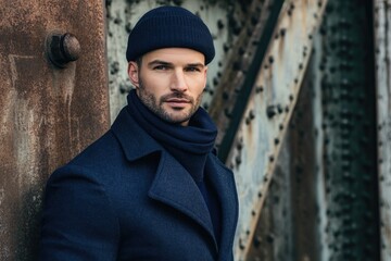 Sporting a stylish navy coat and matching beanie, the man embodies a fashionable winter look, set against an industrial urban background, expressing youthful charm