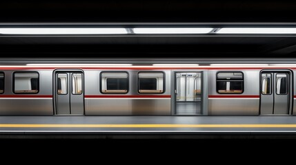 Metallic subway train stopped in an underground station. public transportation infrastructure and modern design