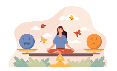 Stress control woman. Young girl sitting on scales with various emojis. Feelings and emotions, expression. Good or bad mood. Calmness, peace and relaxation. Flat vector illustration