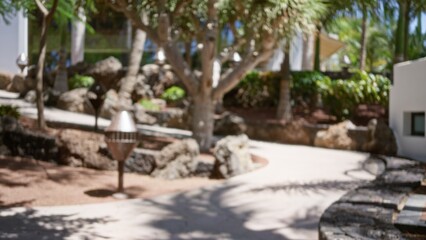 Blurred tropical resort garden with defocused pathways and palm trees in background
