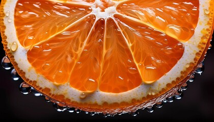 macro close up of juicy orange slice glistening with fresh water droplets showcasing vibrant color and texture against a dark backdrop