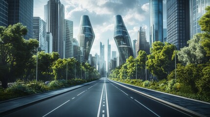 Future city, futuristic glass buildings of unusual shapes and green plants along empty road. Modern architecture towers and skyscrapers. Alien urban dwellings design, Cartoon vector illustration