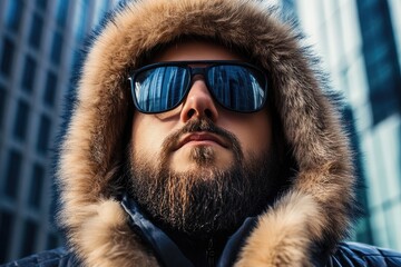 A fashionable man stands confidently in an urban setting, sporting a trendy winter look with sunglasses and a fur-lined hood. His outfit exudes youthful style and charm