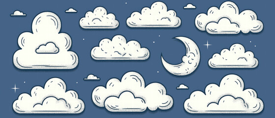 Obraz premium Watercolor banner features a moonlit sky with clouds in cute, saturated colors
