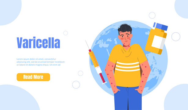 Varicella vaccine poster. Boy in red spots. Injection against virus, prevention and treatment. Healthcare and medicine. Landing webpage design. Flat vector illustration