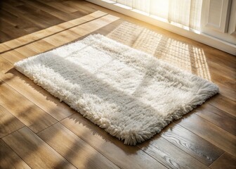 Soft White Cotton Bathroom Rug on Rustic Wooden Floor, Natural Light, Cozy Bathroom Decor
