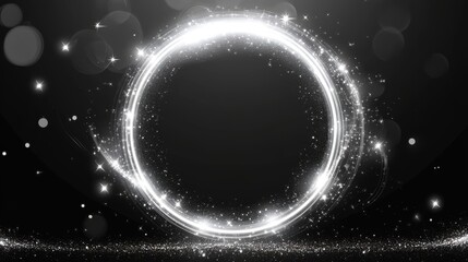 White spark circle light effect with magic glow. Abstract round glitter sparkle silver vector border stroke transparent background. Shiny luxury circular dust particle design set with starlight trail