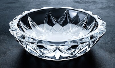 Empty crystal glass bowl with starburst design on dark background, perfect for food or decor.